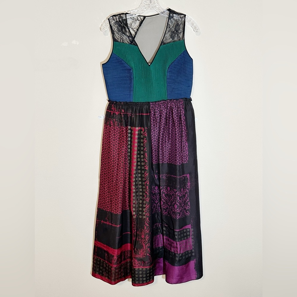 Anthropologie Niki Mahajan Lined Silk Patchwork Lace Multicolor Midi Dress S- 8 - Picture 4 of 16